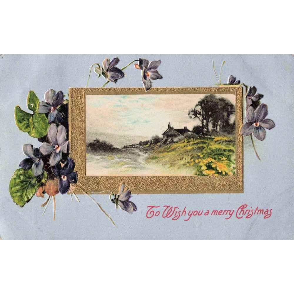 Antique Christmas Postcard Embossed Cottage Violets Germany Newark NJ Posted - Picture 1 of 2